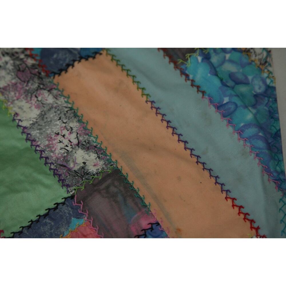 Vintage Crazy Quilt 86" x 69 Heavily Embroidered Pastel Colors Old Hand Tied - Picture 10 of 16